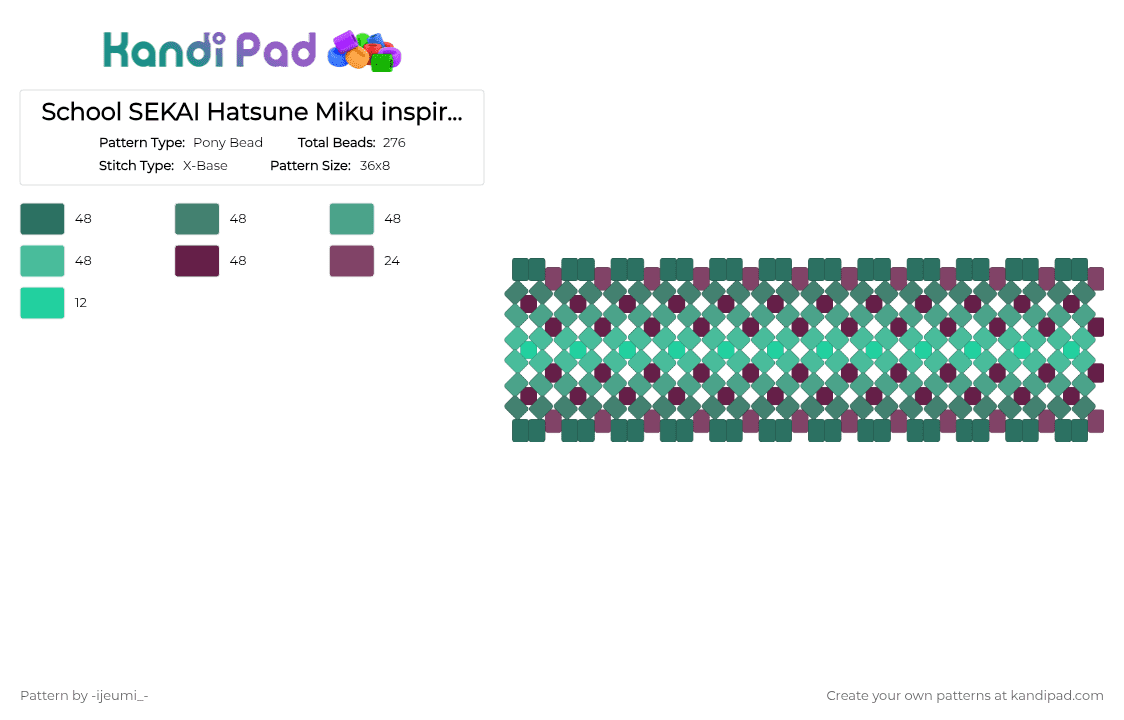 School SEKAI Hatsune Miku inspired cuff (1/3) [Leo/need] - Pony Bead Pattern by -ijeumi_- on Kandi Pad - teal,pink