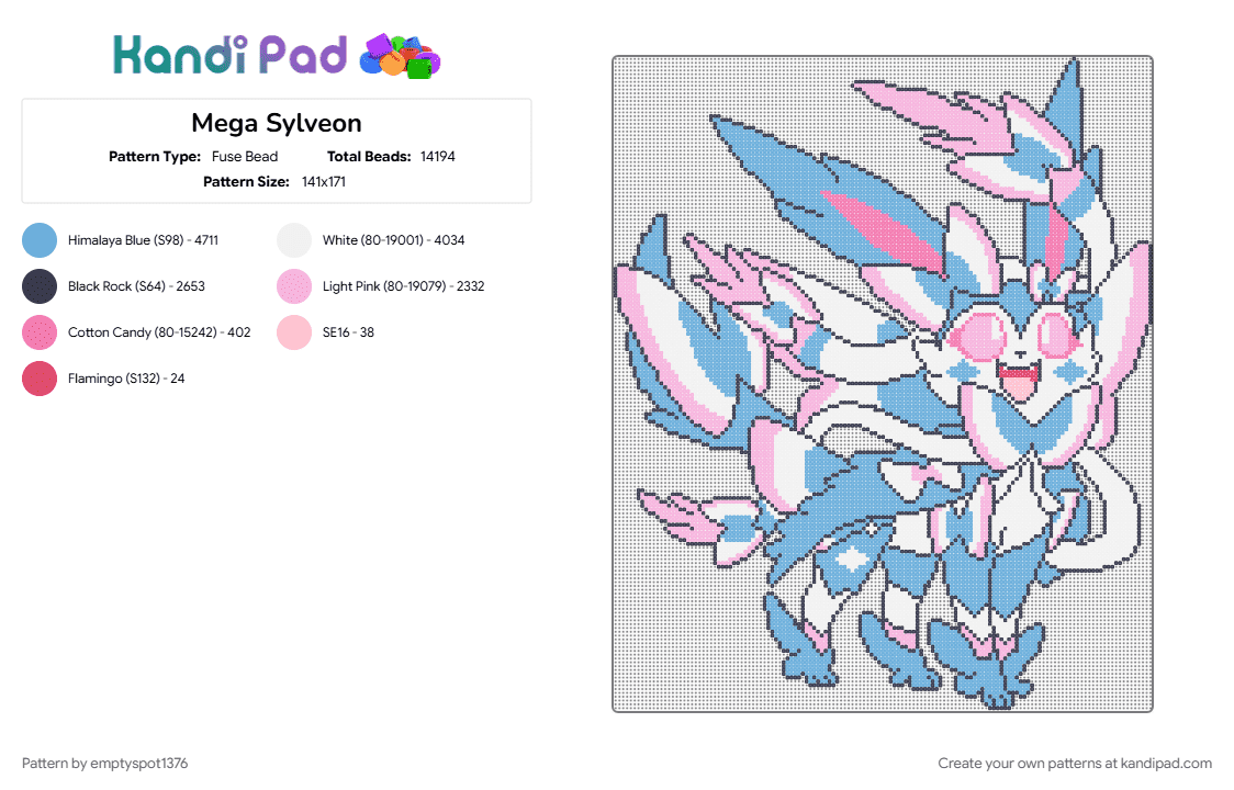 Mega Sylveon - Fuse Bead Pattern by emptyspot1376 on Kandi Pad - character, cute, eeveelution, evolution, light blue, mega evolution, pink, pokemon, purple, sylveon, video game