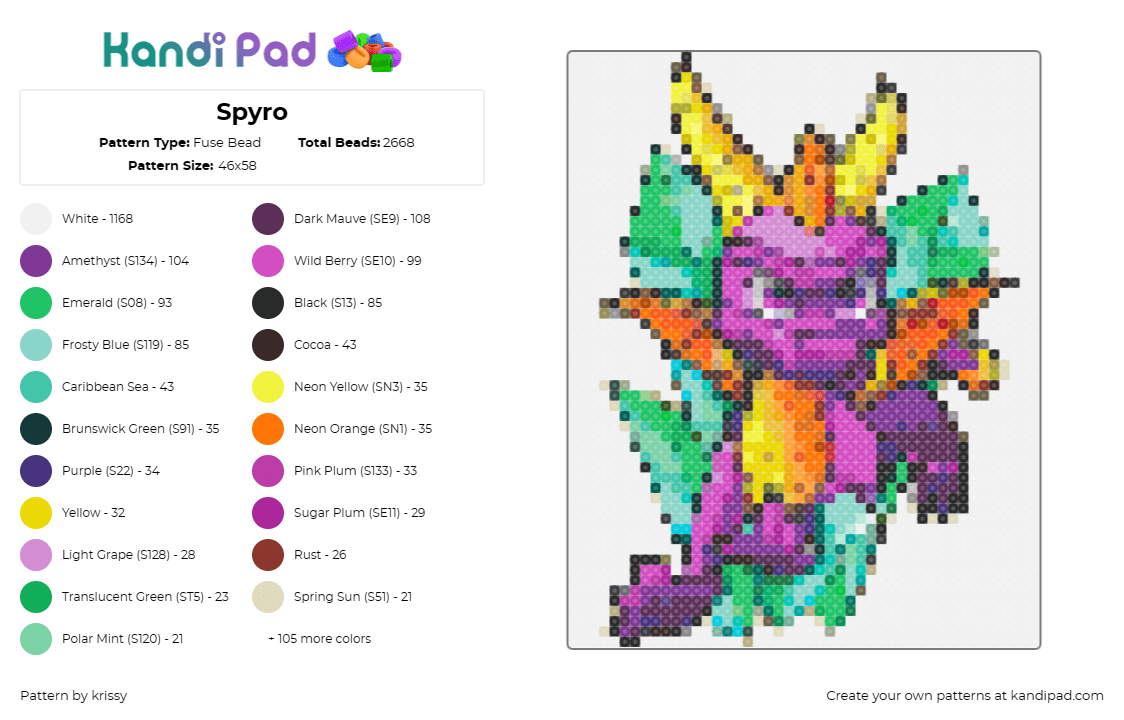 Spyro - Fuse Bead Pattern by krissy on Kandi Pad - spyro,dragon,video game,playstation,classic,nostalgia,adventure,purple,yellow,gr