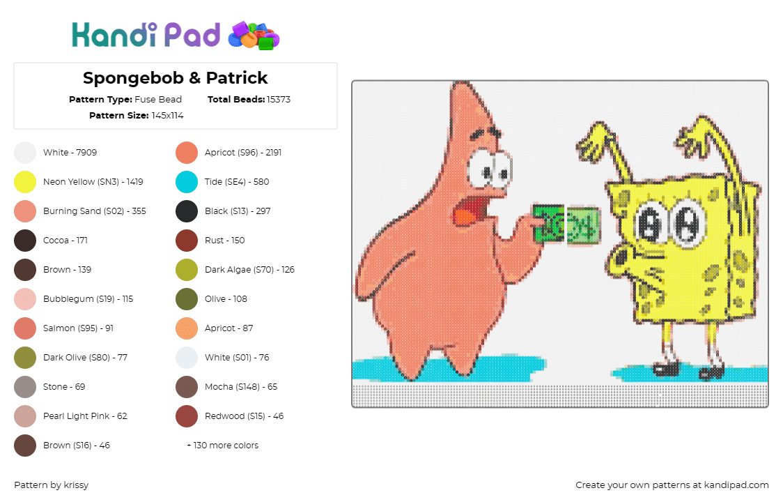 Spongebob & Patrick - Fuse Bead Pattern by krissy on Kandi Pad - spongebob squarepants,patrick star,nickelodeon,money,funny,tv show,animation,pin