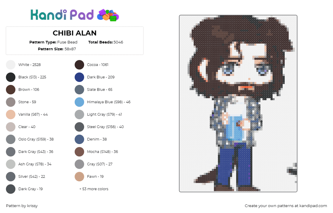 CHIBI ALAN - Fuse Bead Pattern by krissy on Kandi Pad - alan wake,chibi,character,video game,brown,blue