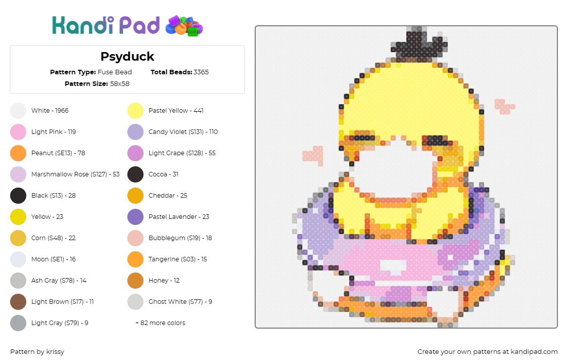 Psyduck - Fuse Bead Pattern by krissy on Kandi Pad - psyduck,pokemon,happy,cute,character,yellow,purple