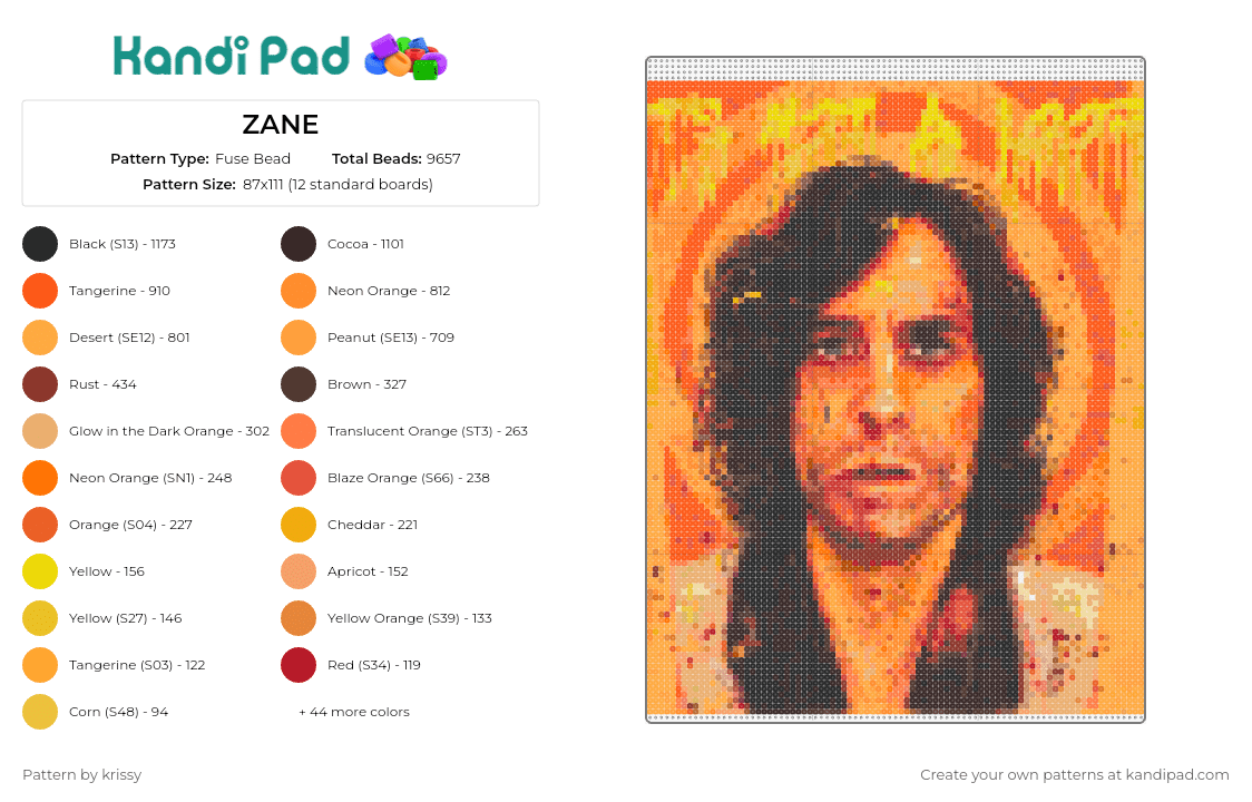 Zane - Fuse Bead Pattern by krissy on Kandi Pad - portrait,poster,male,orange