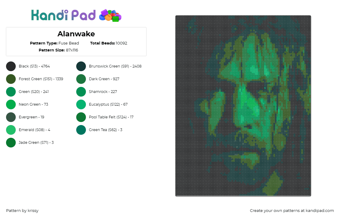 Alanwake - Fuse Bead Pattern by krissy on Kandi Pad - alan wake,portrait,spooky,green,black