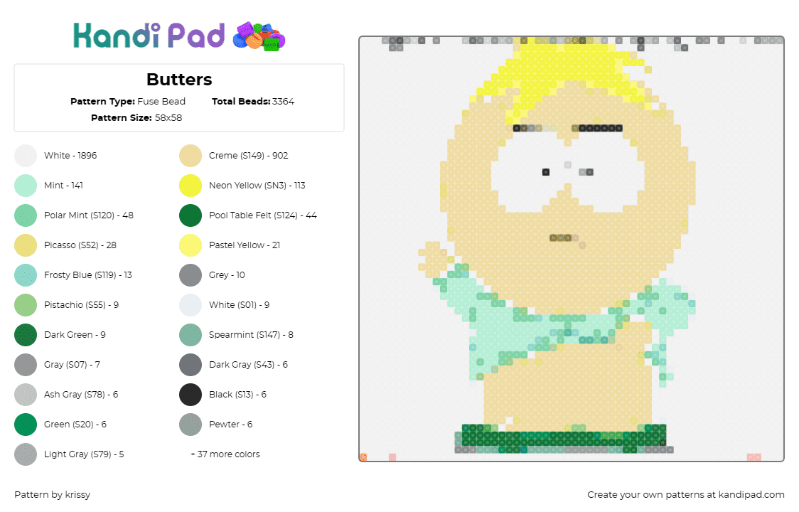 Butters - Fuse Bead Pattern by krissy on Kandi Pad - butters,south park,character,tv show,cartoon,tan,green,yellow