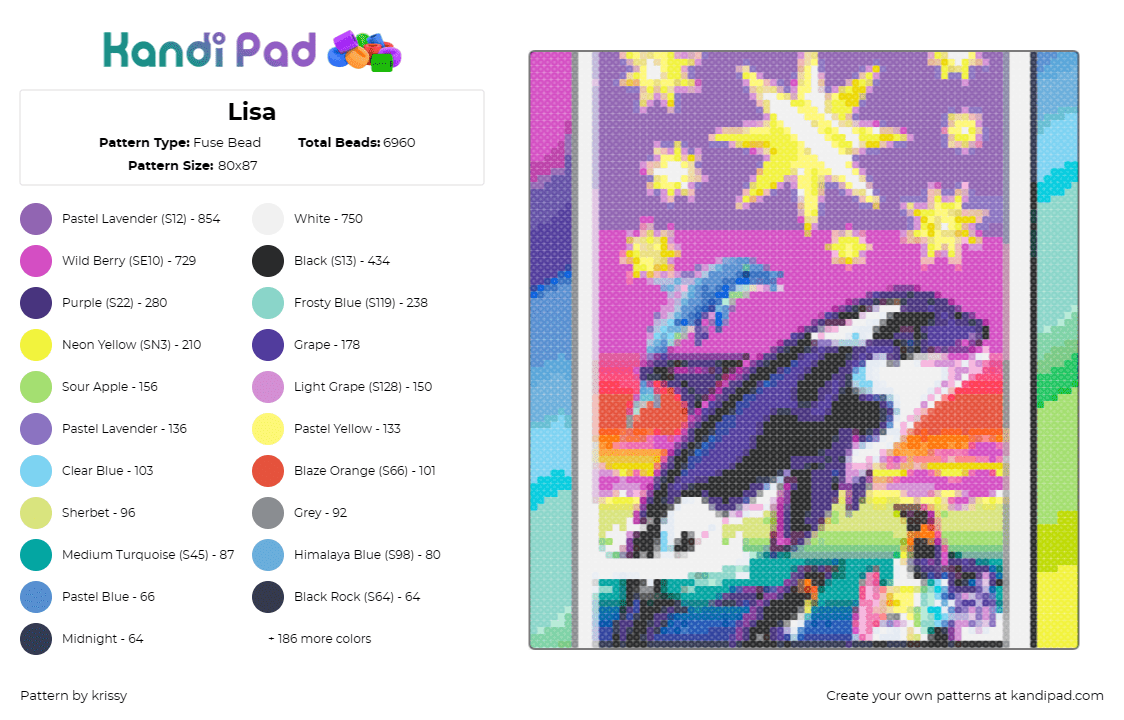 Lisa - Fuse Bead Pattern by krissy on Kandi Pad - lisa frank,whale,dolphin,nostalgia,stars,colorful,bright