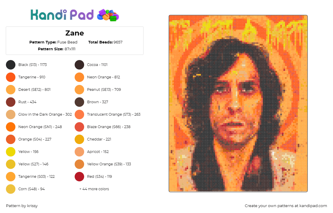 Zane - Fuse Bead Pattern by krissy on Kandi Pad - portrait,poster,male,orange