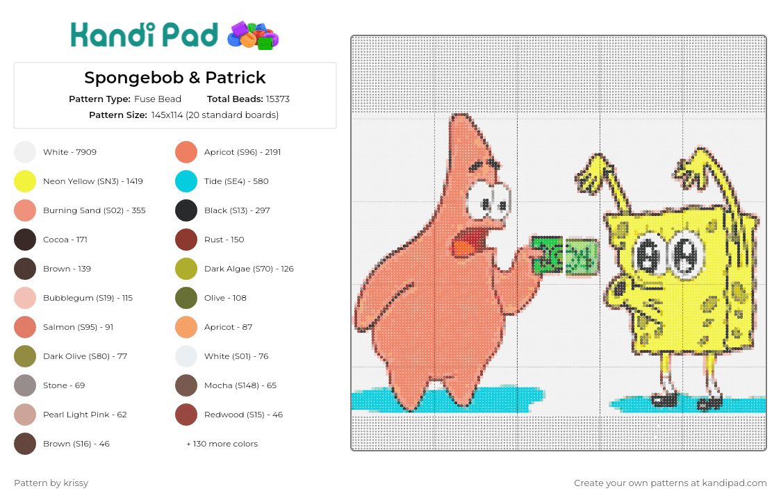 Spongebob & Patrick - Fuse Bead Pattern by krissy on Kandi Pad - spongebob squarepants,patrick star,nickelodeon,money,funny,tv show,animation,pink,yellow
