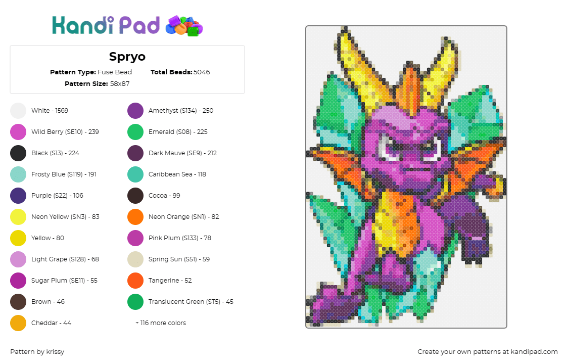 Spryo - Fuse Bead Pattern by krissy on Kandi Pad - spyro,dragon,video game,playstation,classic,nostalgia,adventure,purple,yellow,gr