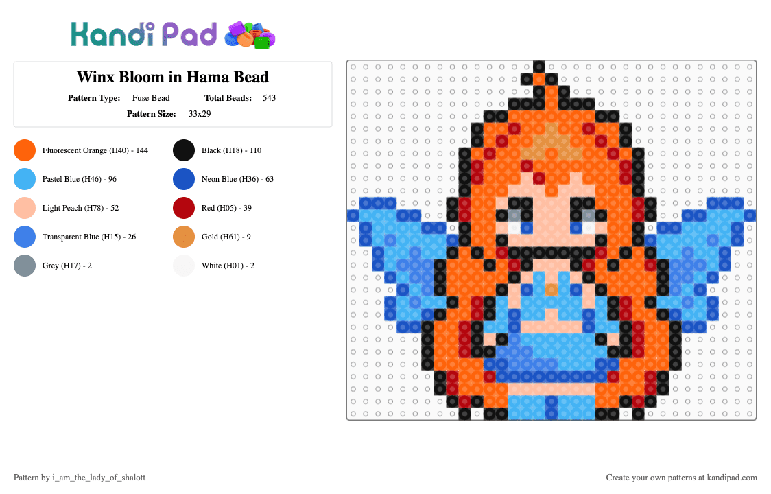 Winx Bloom in Hama Bead - Fuse Bead Pattern by i_am_the_lady_of_shalott on Kandi Pad - orange,blue,light blue