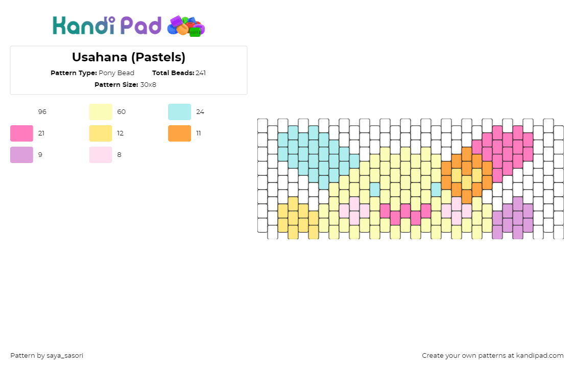 Usahana (Pastels) - Pony Bead Pattern by saya_sasori on Kandi Pad - usahana,sanrio,colorful,pastel,cute,cuff,white,yellow,pink,light blue