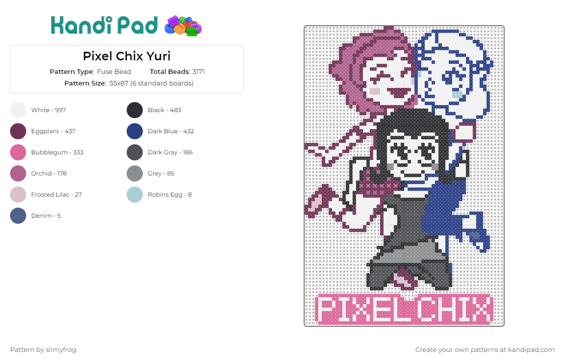Pixel Chix Yuri - Fuse Bead Pattern by slimyfrog on Kandi Pad - pixel chix,retro,female,friends,game,characters,empowerment,camaraderie,memento,pink,blue,gray