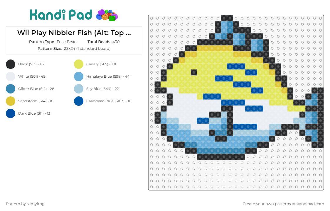Wii Play Nibbler Fish (Alt: Top Tier) - Fuse Bead Pattern by slimyfrog on Kandi Pad - fish,king of the pond,video game,wii,playful,iconic,gamer,statement,vibrant,yellow,blue