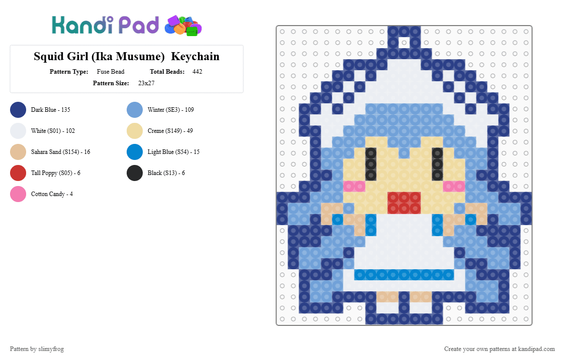 Squid Girl (Ika Musume)  Keychain - Fuse Bead Pattern by slimyfrog on Kandi Pad - blue,beige,light blue,squid girl,ika musume,keychain