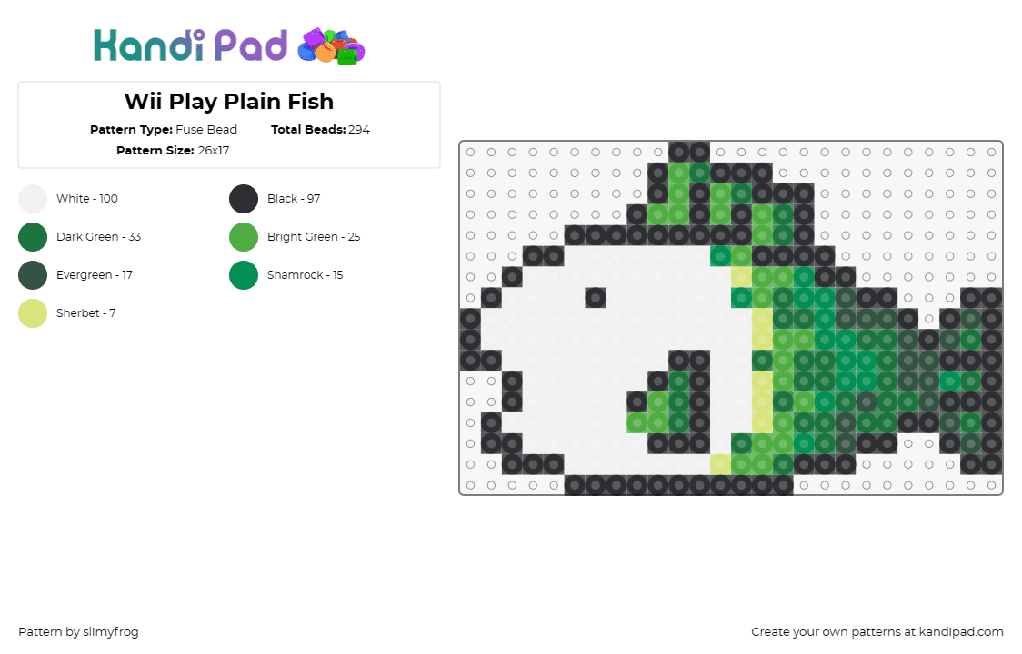 Wii Play Plain Fish - Fuse Bead Pattern by slimyfrog on Kandi Pad - fish,king of the pond,video game,wii,aquatic,retro,console,gaming,green,white