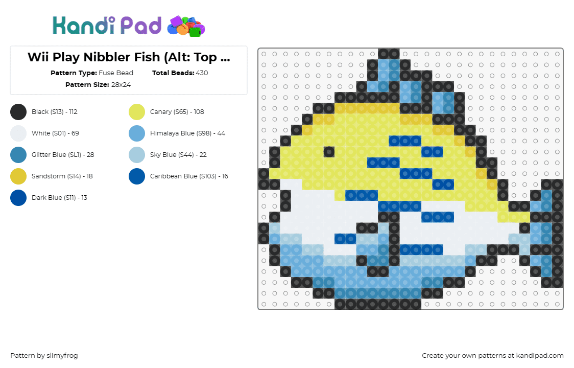 Wii Play Nibbler Fish (Alt: Top Tier) - Fuse Bead Pattern by slimyfrog on Kandi Pad - fish,king of the pond,video game,wii,playful,gamer,statement,vibrant,yellow,blue