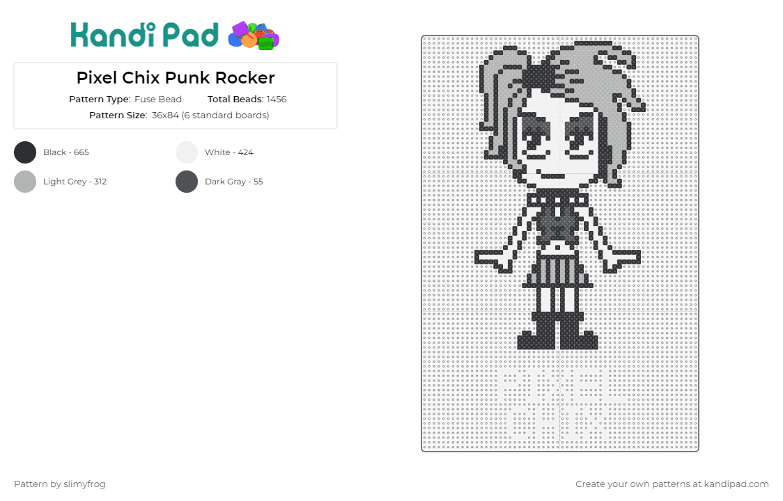 Pixel Chix Punk Rocker Sprite - Fuse Bead Pattern by slimyfrog on Kandi Pad - pixel chix,retro,mattel,game,female,punk,edgy,rebellious,throwback,rock,fun,grey,white