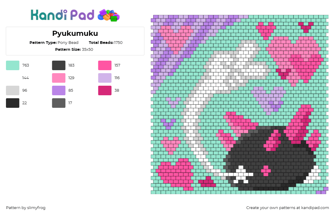 Pyukumuku - Pony Bead Pattern by slimyfrog on Kandi Pad - pyukumuku,pokemon,anime,hearts,detailed,peace,teal,pink,black