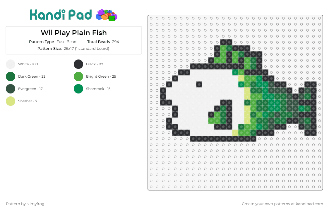 Wii Play Plain Fish - Fuse Bead Pattern by slimyfrog on Kandi Pad - fish,king of the pond,video game,wii,aquatic,retro,console,gaming,green,white