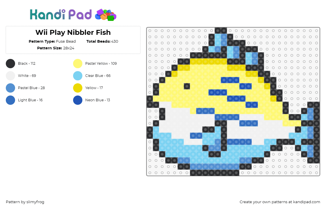 Wii Play Nibbler Fish - Fuse Bead Pattern by slimyfrog on Kandi Pad - fish,king of the pond,video game,wii,playful,cheerful,sunny,splash,blue,yellow