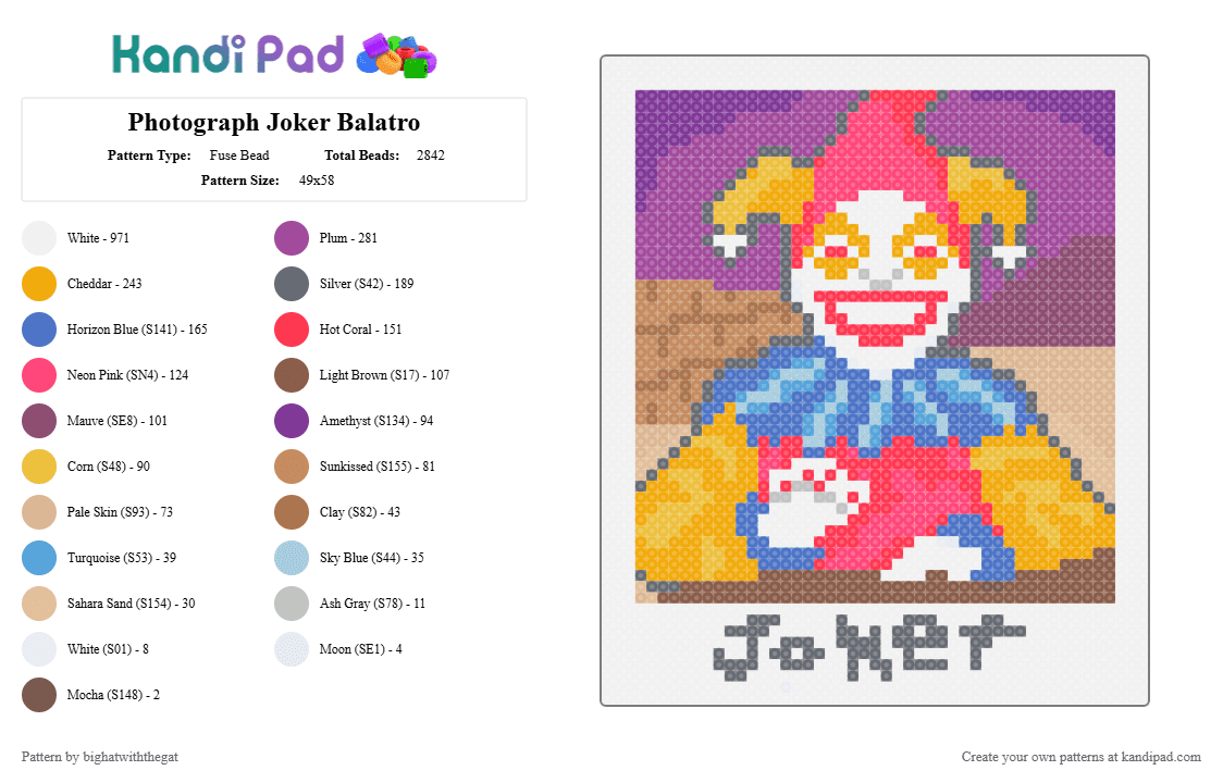 Photograph Joker Balatro - Fuse Bead Pattern by bighatwiththegat on Kandi Pad - pink,red,tan,colorful,cotdpolaroid,balatro,polaroid,joker,photograph