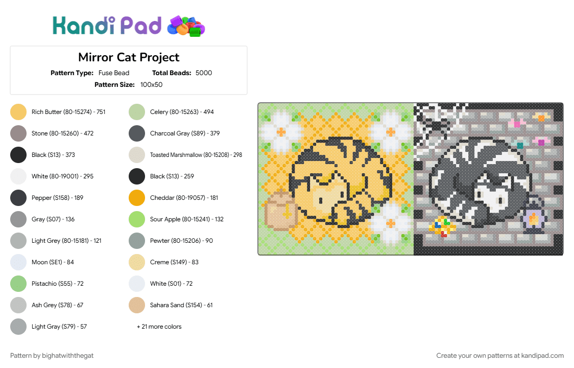 Mirror Cat Project - Fuse Bead Pattern by bighatwiththegat on Kandi Pad - bee, beige, cat, coin pile, flower, gray, honey pot, jewels, lantern, spider web, yellow