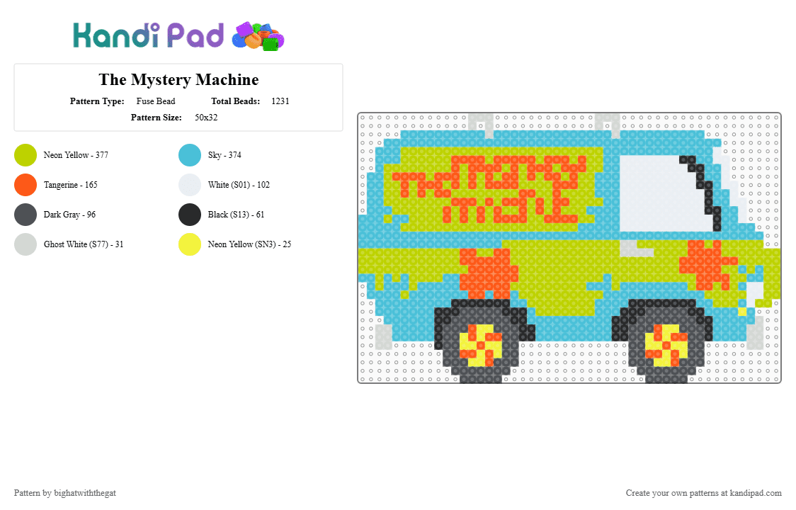 The Mystery Machine - Fuse Bead Pattern by bighatwiththegat on Kandi Pad - cartoon, green, light blue, mystery machine, scooby doo, warner bros