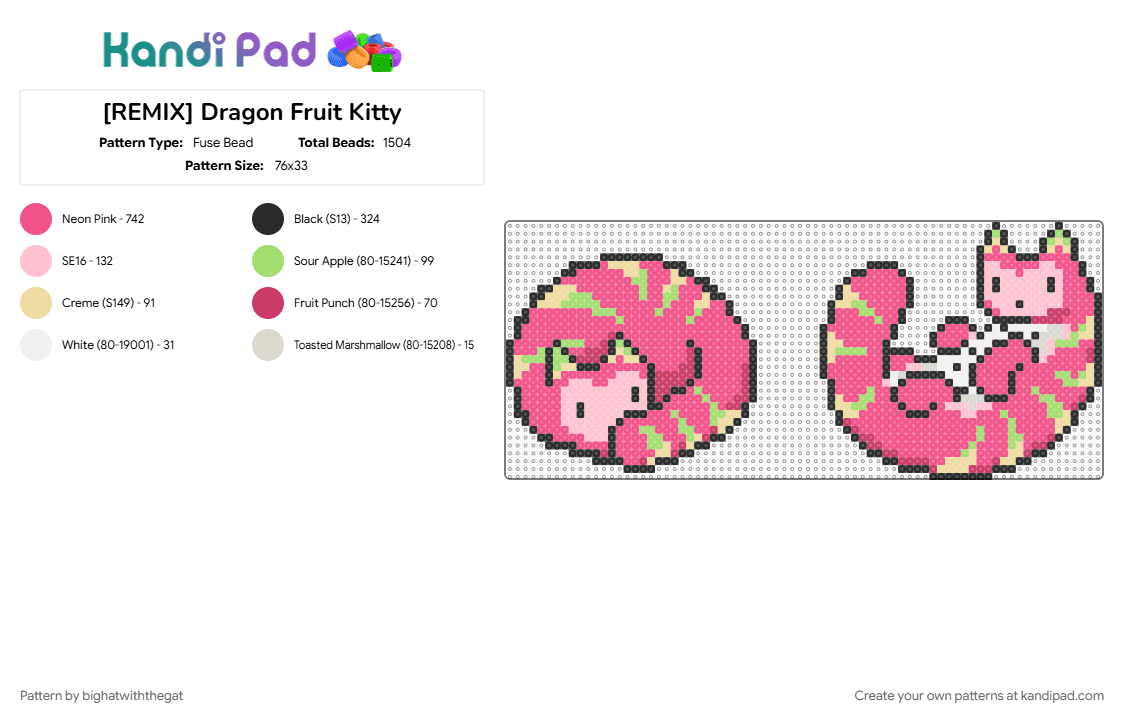 [REMIX] Dragon Fruit Kitty - Fuse Bead Pattern by bighatwiththegat on Kandi Pad - animal, cat, cute, dragon fruit, fruit, kitty, pink