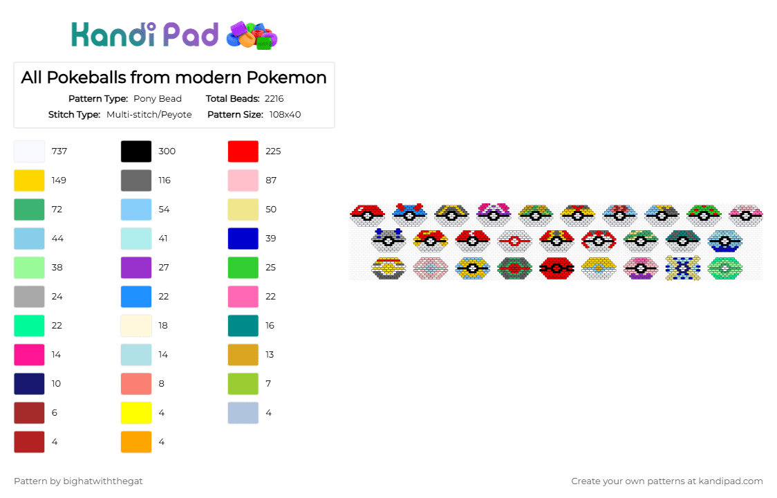 All Pokeballs from modern Pokemon - Pony Bead Pattern by bighatwiththegat on Kandi Pad - white,red,gray,pink,green,colorful,pokemon,pokeball,master ball,greatball,ultraball,luxury ball,premier ball,dive ball