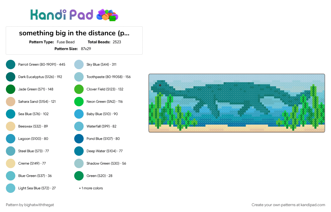 something big in the distance (plesiosaurus) - Fuse Bead Pattern by bighatwiththegat on Kandi Pad - biology, cotdoceancreatures, dinosaur, extinct, jurassic, light blue, marine reptile, ocean life, plesiosaurus, teal