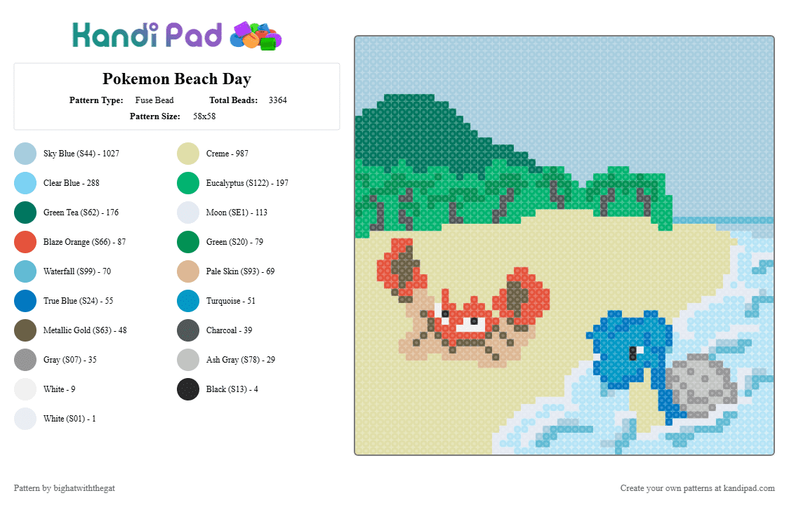 Pokemon Beach Day - Fuse Bead Pattern by bighatwiththegat on Kandi Pad - yellow,light blue,green,cotdbeaches,pokemon,lapras,krabby,beach,summer