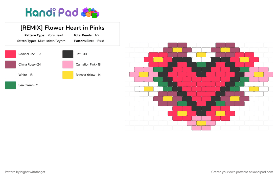 [REMIX] Flower Heart in Pinks - Pony Bead Pattern by bighatwiththegat on Kandi Pad - flower, heart, pink, red