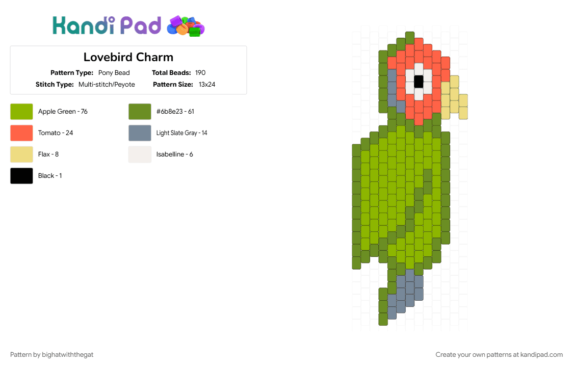 Lovebird Charm - Pony Bead Pattern by bighatwiththegat on Kandi Pad - bird, cotdbirds, green, lovebird