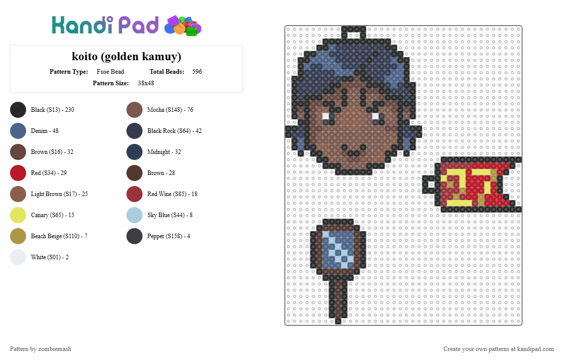 koito (golden kamuy) - Fuse Bead Pattern by zombiemash on Kandi Pad - black,tan,purple,blue,colorful,anime,golden kamuy