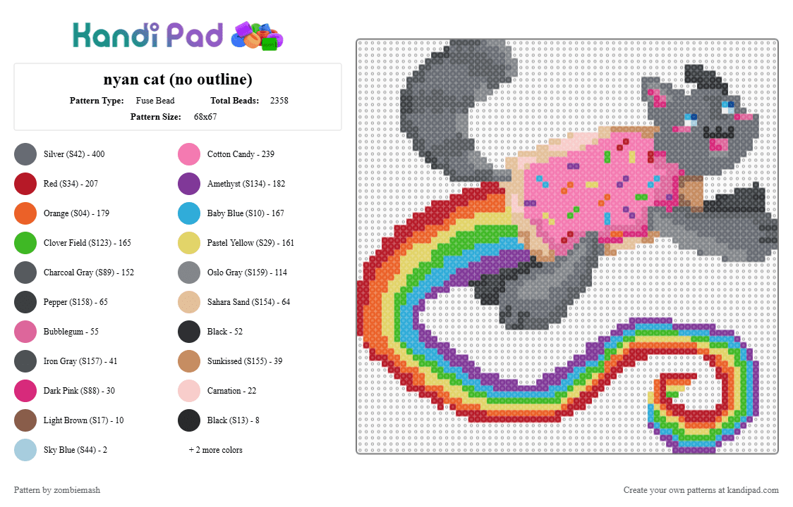 nyan cat (no outline) - Fuse Bead Pattern by zombiemash on Kandi Pad - gray,pink,red,orange,nyan cat,cat
