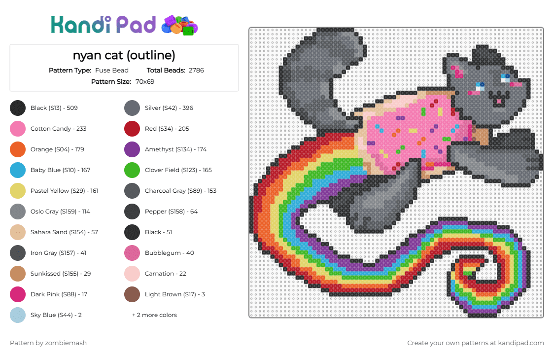 nyan cat (outline) - Fuse Bead Pattern by zombiemash on Kandi Pad - gray,pink,red,orange,colorful,nyan cat,cat