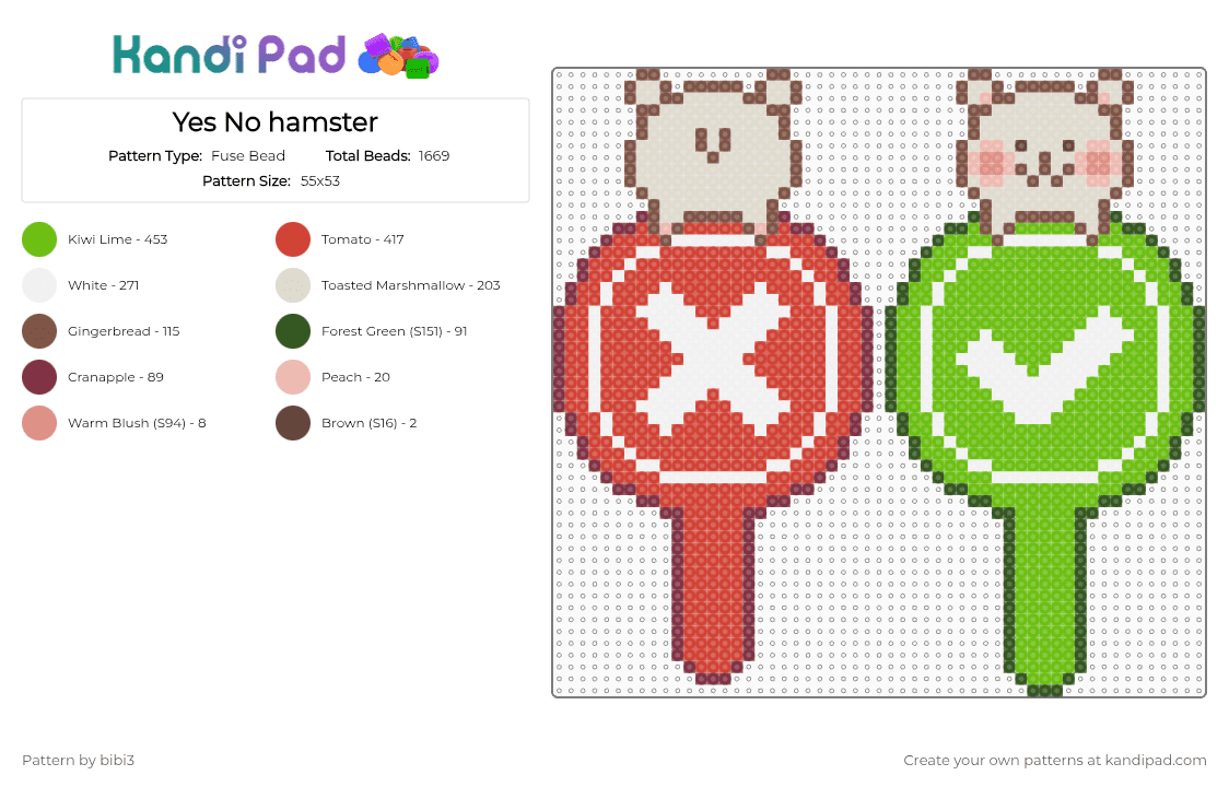 Yes No hamster - Fuse Bead Pattern by bibi3 on Kandi Pad - red,green,beige