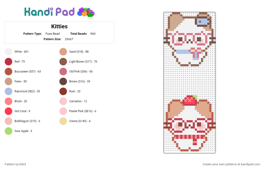 Kitties - Fuse Bead Pattern by bibi3 on Kandi Pad - white,red,beige