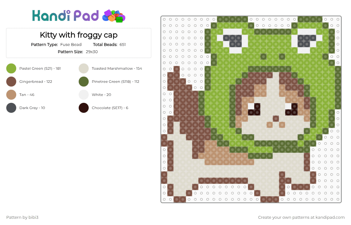 Kitty with froggy cap - Fuse Bead Pattern by bibi3 on Kandi Pad - tan,gold,beige,green