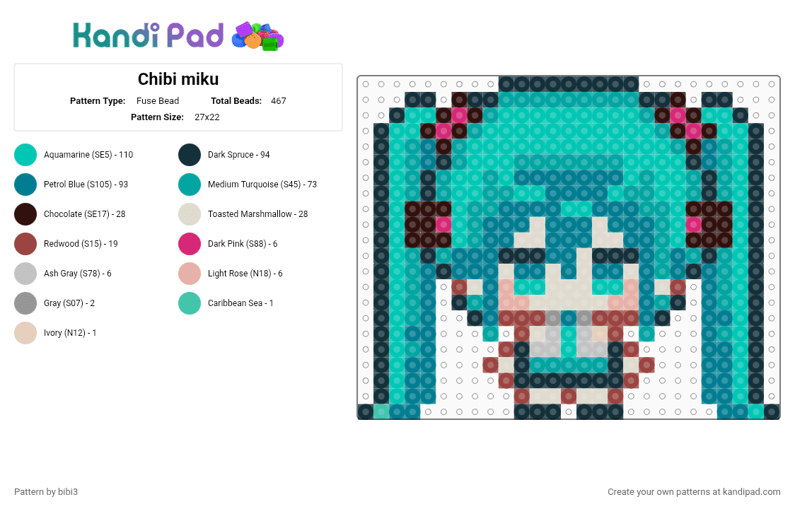 Chibi miku - Fuse Bead Pattern by bibi3 on Kandi Pad - teal