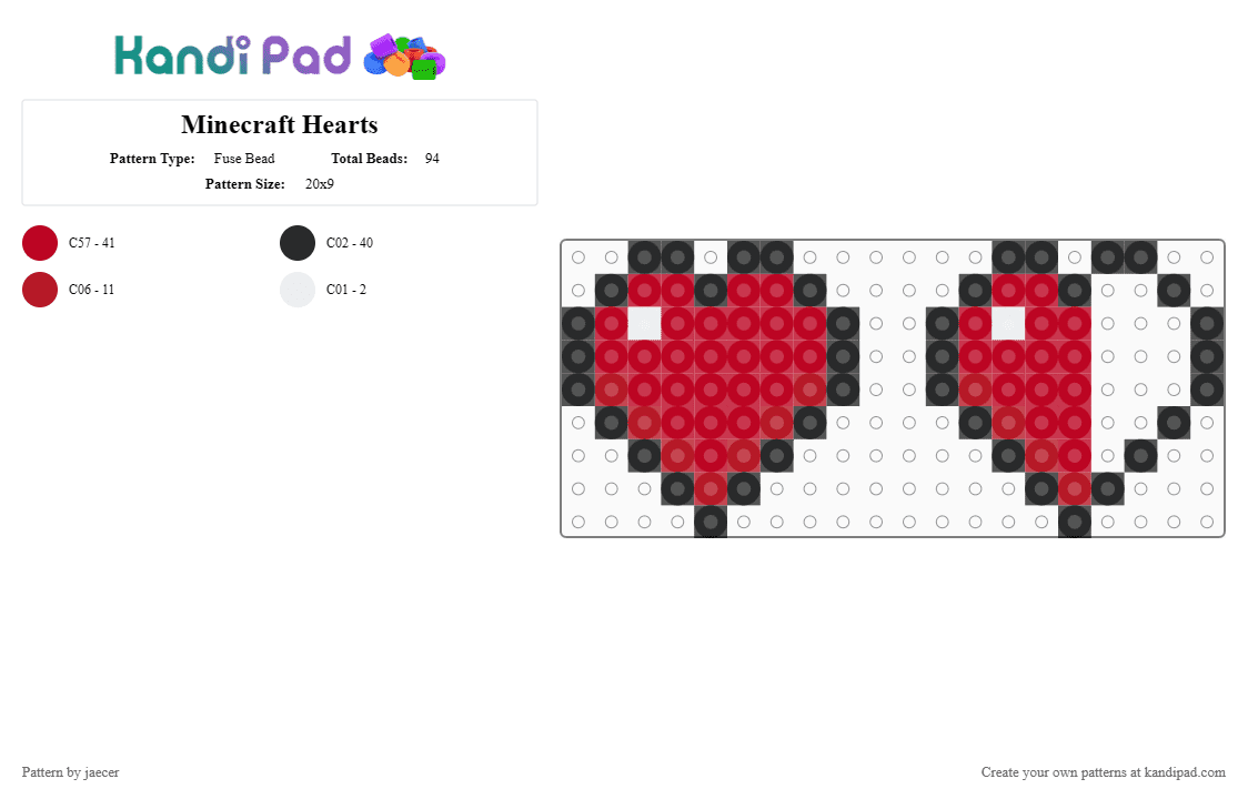 Minecraft Hearts - Fuse Bead Pattern by jaecer on Kandi Pad - red