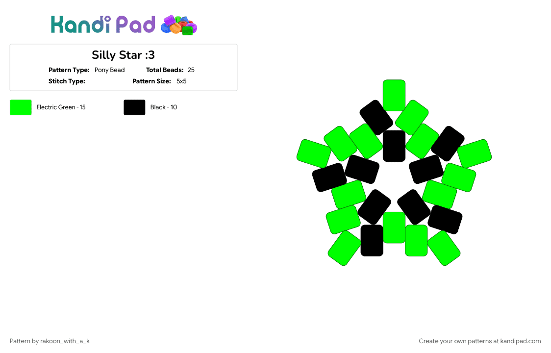 Silly Star :3 - Pony Bead Pattern by rakoon_with_a_k on Kandi Pad - black, cotdscenekidfashion, green, scene