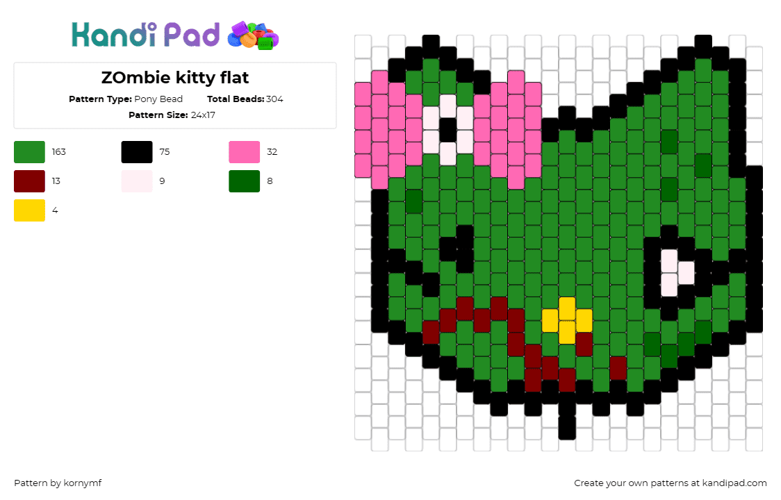 ZOmbie kitty flat - Pony Bead Pattern by kornymf on Kandi Pad - hello kitty,zombie,sanrio,spooky,halloween,bow,bloody,undead,character,green,pin