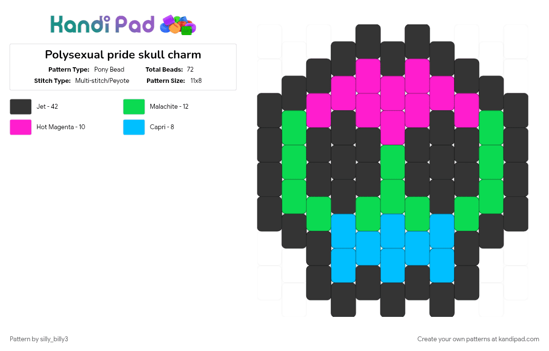 Polysexual pride skull charm - Pony Bead Pattern by silly_billy3 on Kandi Pad - black, charm, lgbtq, pink, polysexual, pride, skull, teal