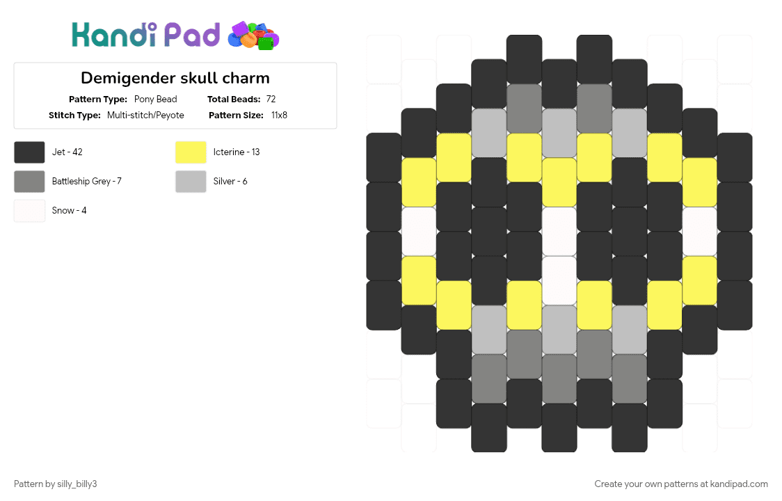 Demigender skull charm - Pony Bead Pattern by silly_billy3 on Kandi Pad - black, charm, demigender, keychain, lgbtq, pride, skull, yellow
