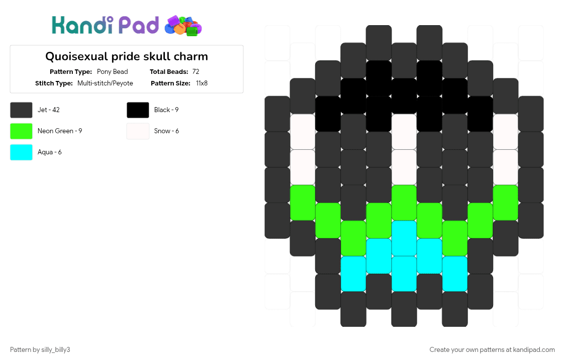 Quoisexual pride skull charm - Pony Bead Pattern by silly_billy3 on Kandi Pad - black, charm, green, lgbtq, light blue, pride, quoisexual, skull