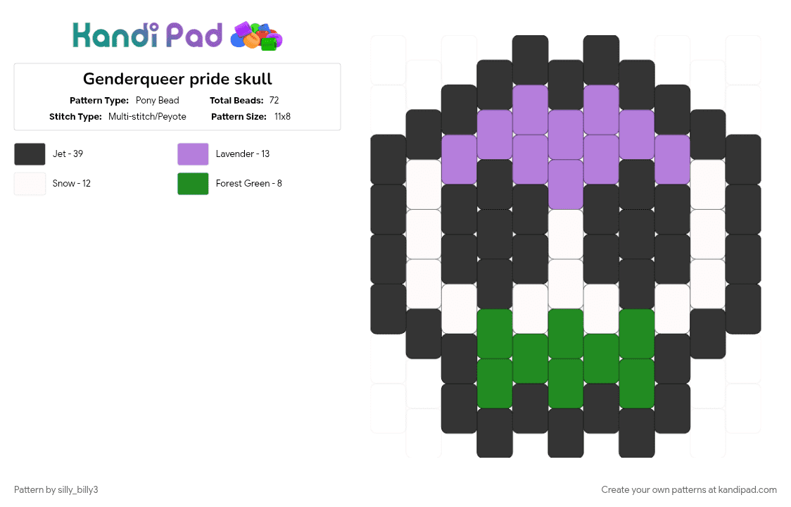 Genderqueer pride skull - Pony Bead Pattern by silly_billy3 on Kandi Pad - black, charm, genderqueer, green, lgbtq, pink, pride, skull
