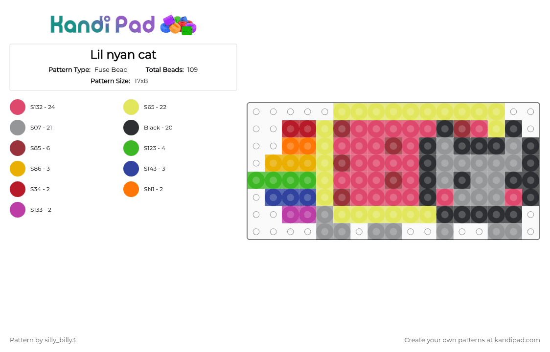 Lil nyan cat - Fuse Bead Pattern by silly_billy3 on Kandi Pad - yellow,gray,red,nyan cat,cat,charm,scene,emo,cute