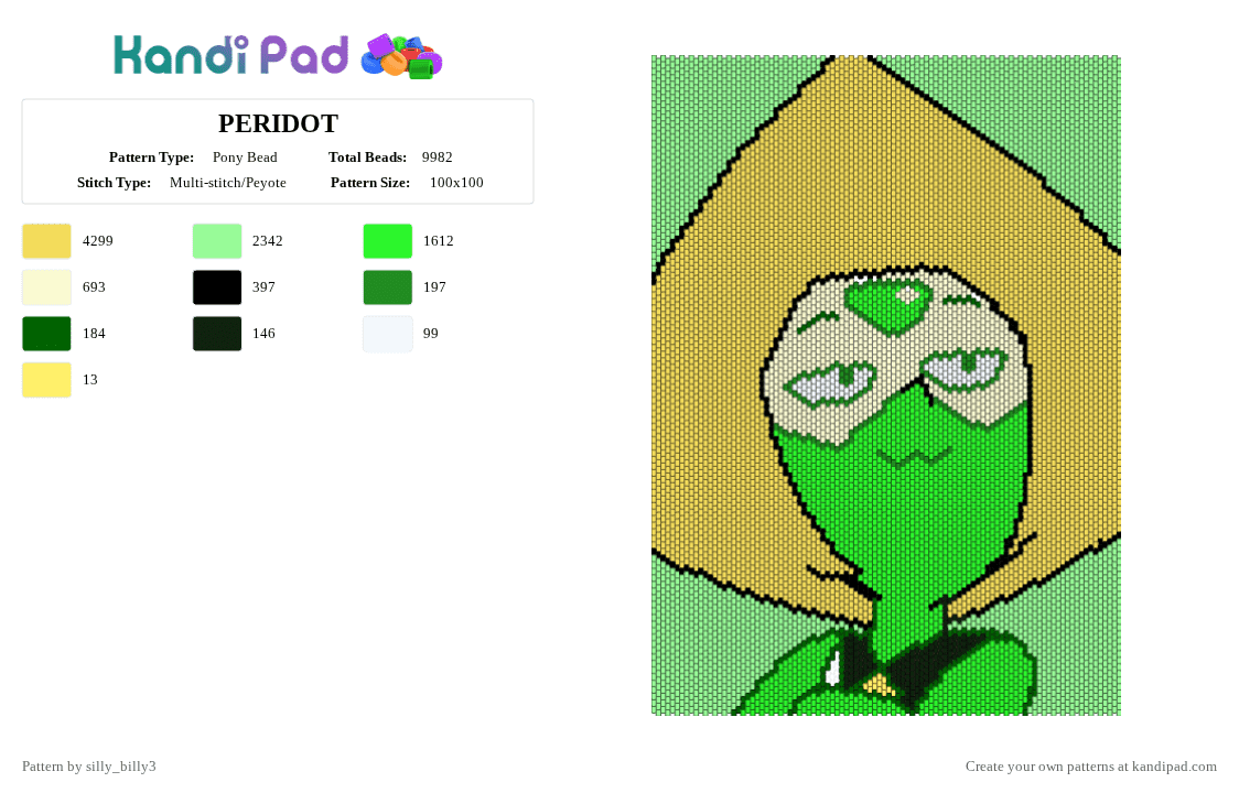 PERIDOT - Pony Bead Pattern by silly_billy3 on Kandi Pad - steven universe,peridot,gem,panel,cartoon