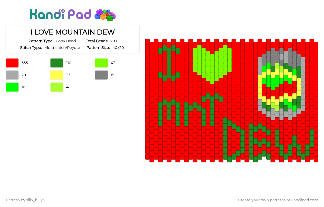 I LOVE MOUNTAIN DEW - Pony Bead Pattern by silly_billy3 on Kandi Pad - green,red,soda,mountain dew,panel,pop,food,drink,weird